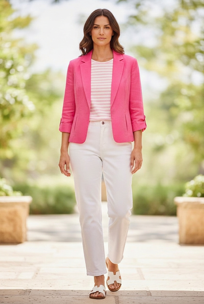 Women's Cotton Linen Summer Jacket #9300 - Pink/Blue/White