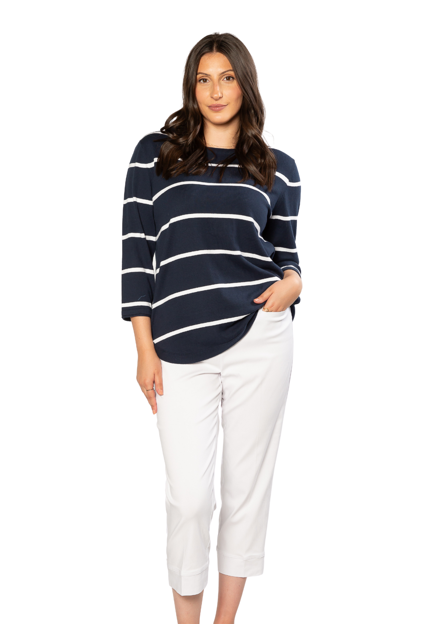 100% Cotton Stripe 3/4 Sleeve Light Weight Summer Knit #5018 - Navy