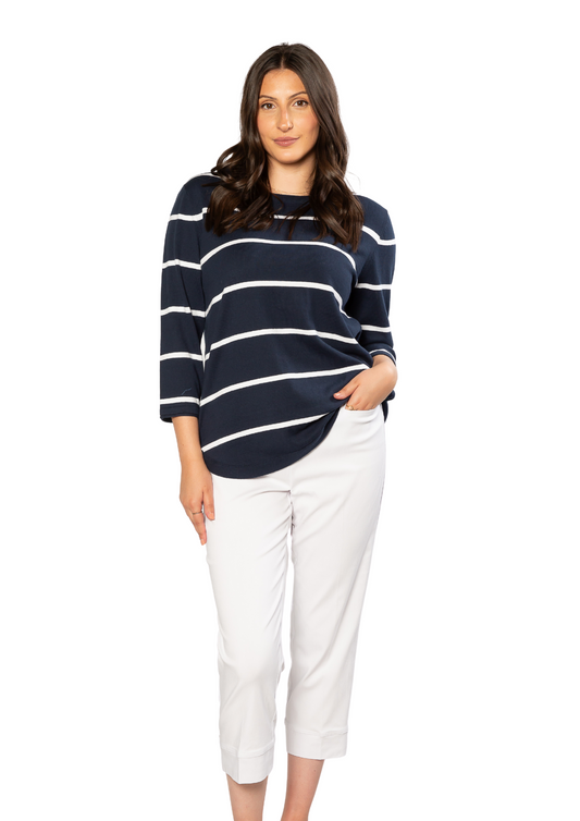 100% Cotton Stripe 3/4 Sleeve Light Weight Summer Knit #5018 - Navy