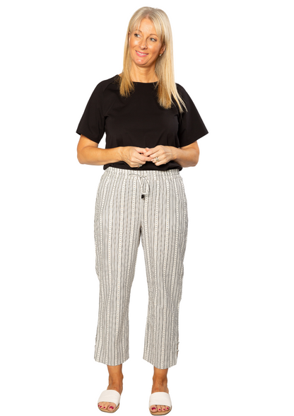 Pure Cotton Drawstring Stripe Pant with Side Seam Hem Tab Detail #6535 - White
