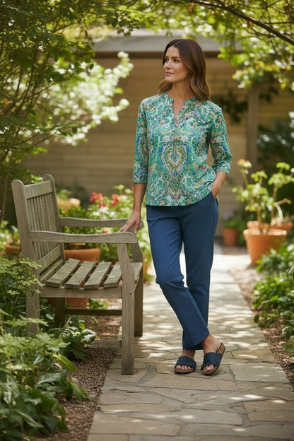 Printed Henley Shirt 3/4 Sleeve #509 Pink Multi | Green Multi