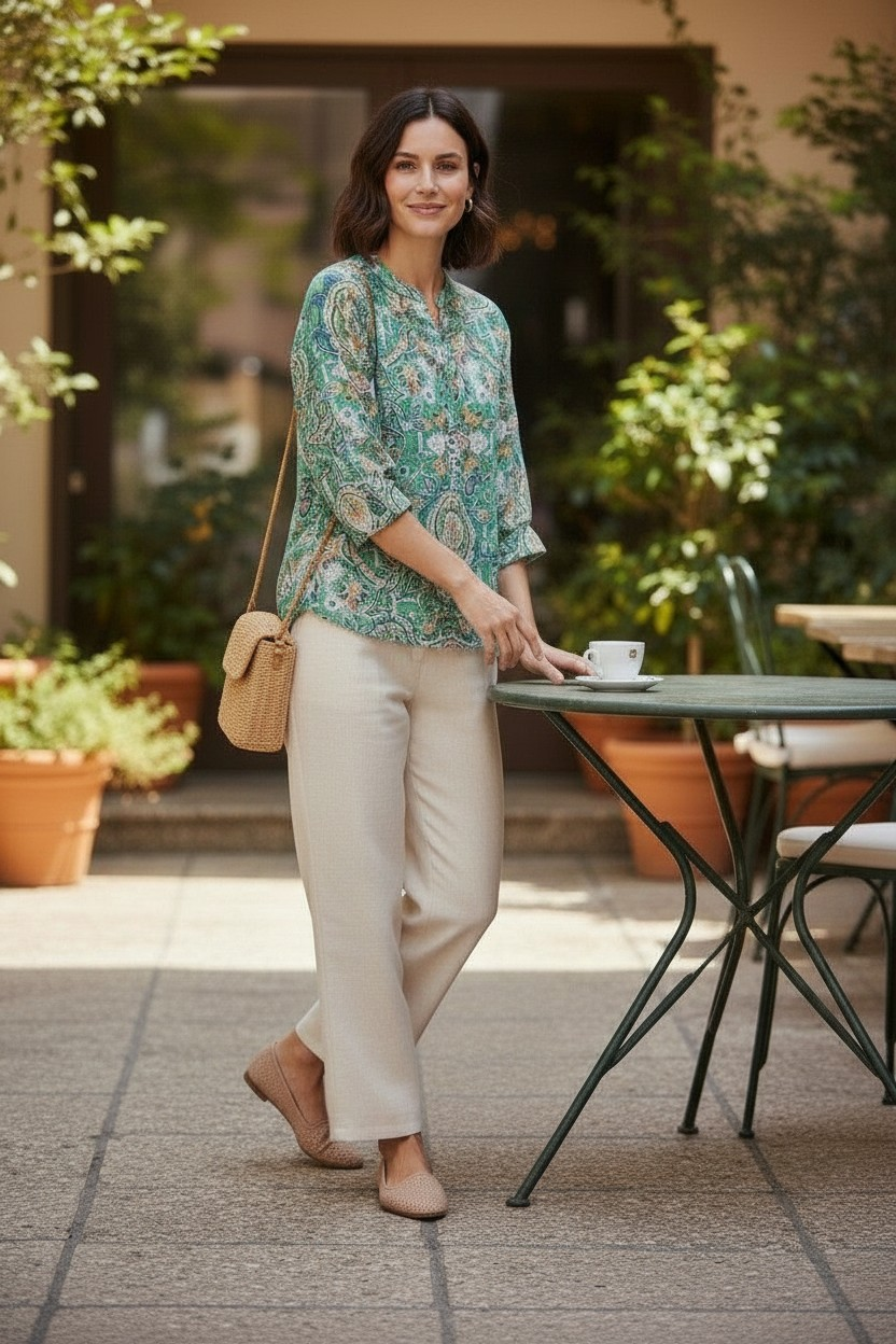 Printed Henley Shirt 3/4 Sleeve #509 Pink Multi | Green Multi