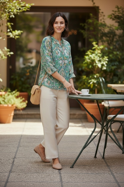 Printed Henley Shirt 3/4 Sleeve #509 Pink Multi | Green Multi