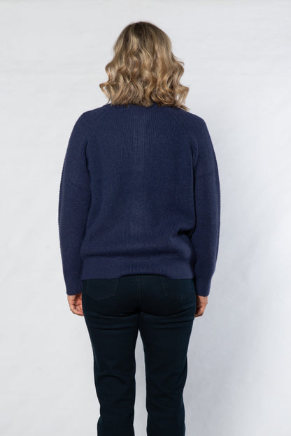 Soft Knit Ribbed Zip through Cardi with fine cable stitch on sleeves #5087 -NAVY