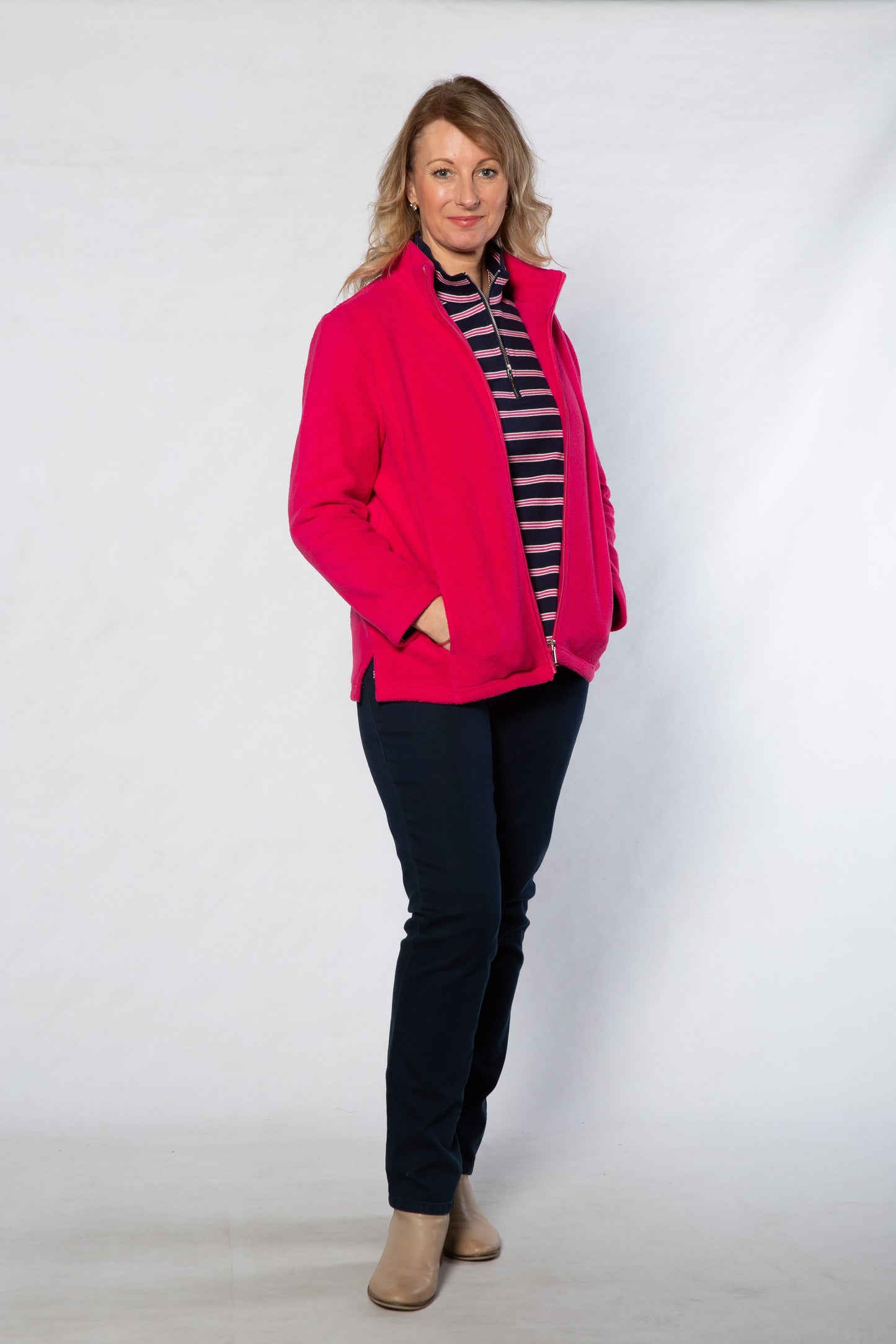 Soft Knit Ribbed Zip through Cardi with fine cable stitch on sleeves #5087 - PINK
