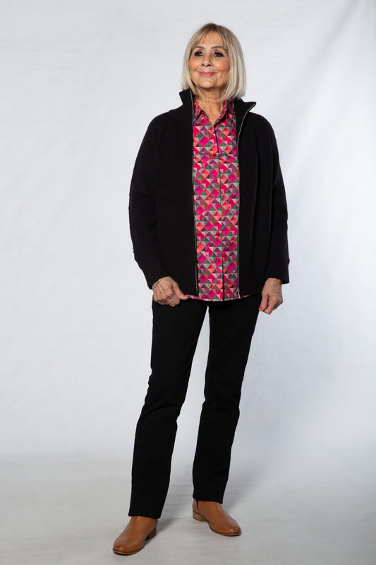 Soft Knit Ribbed Zip through Cardi with fine cable stitch on sleeves #5087 - BLACK