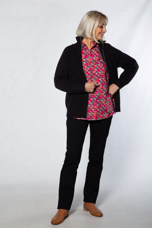 Soft Knit Ribbed Zip through Cardi with fine cable stitch on sleeves #5087 - BLACK