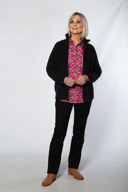 Soft Knit Ribbed Zip through Cardi with fine cable stitch on sleeves #5087 - BLACK