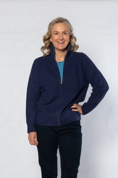 Soft Knit Ribbed Zip through Cardi with fine cable stitch on sleeves #5087 -NAVY