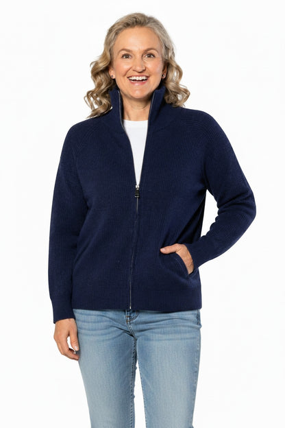 Soft Knit Ribbed Zip Cardigan with Cable Stitch Sleeves #5087 – Navy