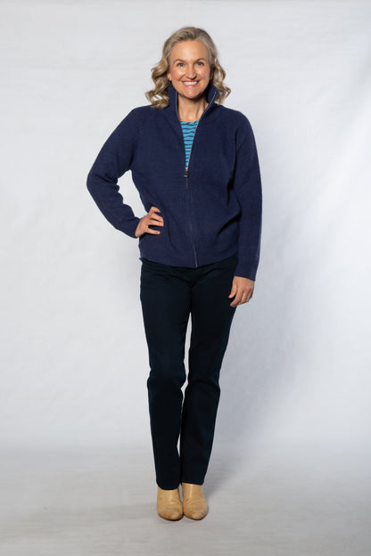 Soft Knit Ribbed Zip through Cardi with fine cable stitch on sleeves #5087 -NAVY