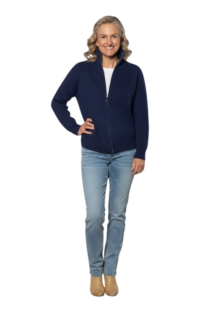 Soft Knit Ribbed Zip Cardigan with Cable Stitch Sleeves #5087 – Navy