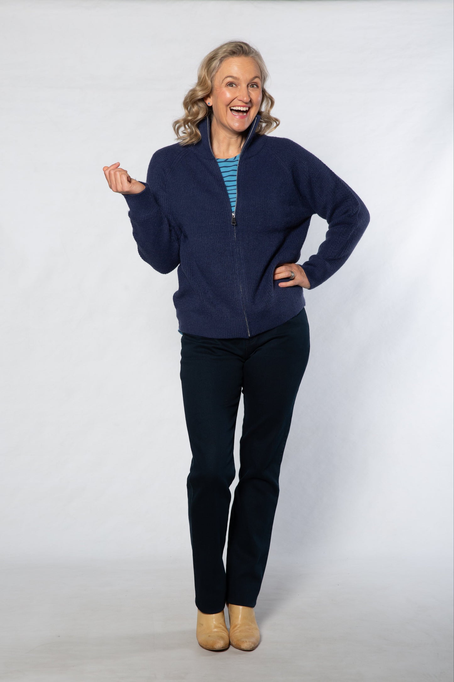 Soft Knit Ribbed Zip through Cardi with fine cable stitch on sleeves #5087 -NAVY