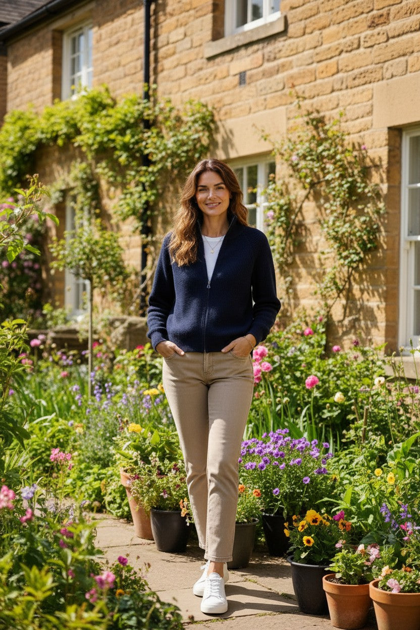 Soft Knit Ribbed Zip Cardigan with Cable Stitch Sleeves #5087 – Navy