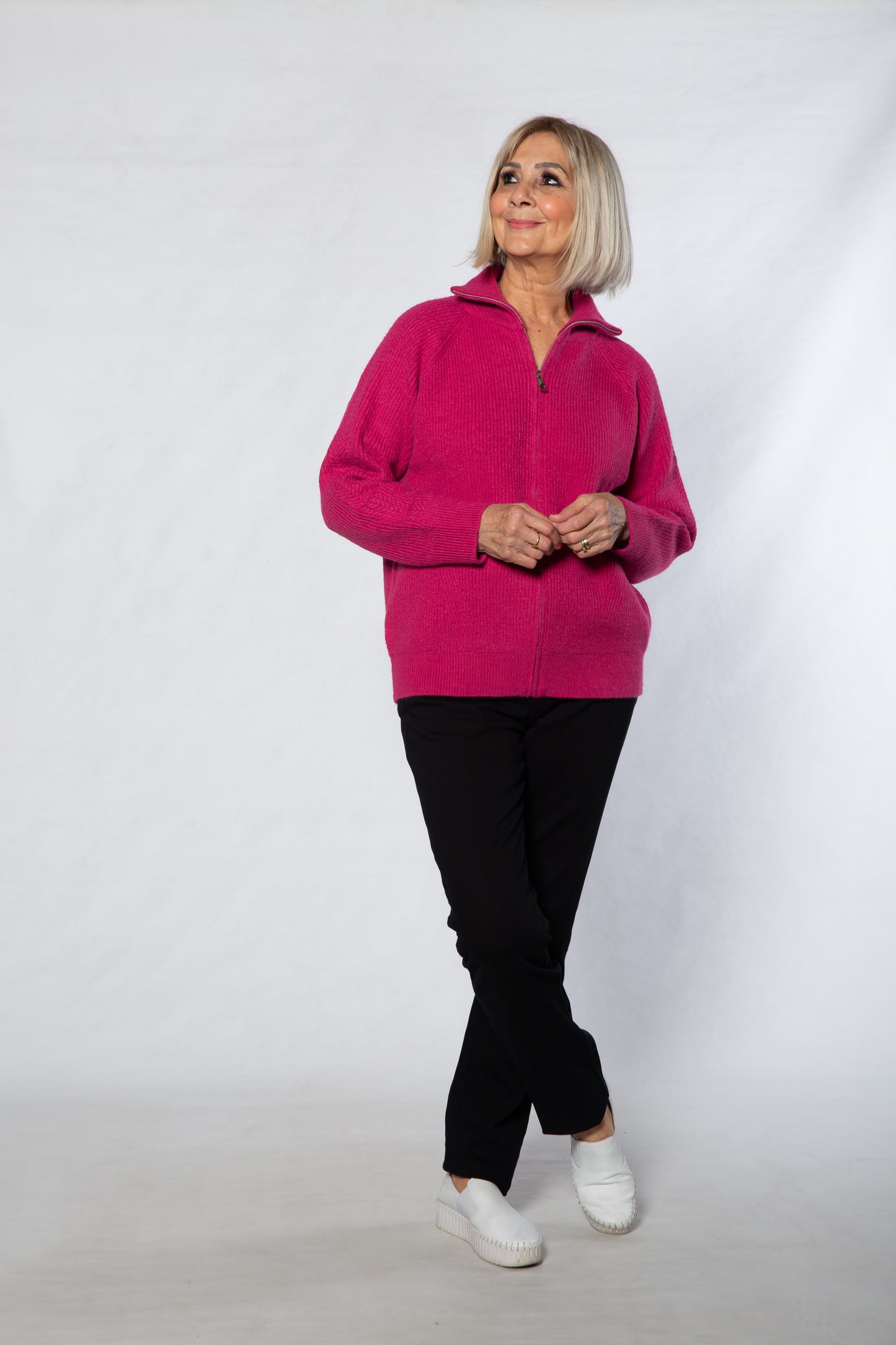 Soft Knit Ribbed Zip through Cardi with fine cable stitch on sleeves #5087 - PINK