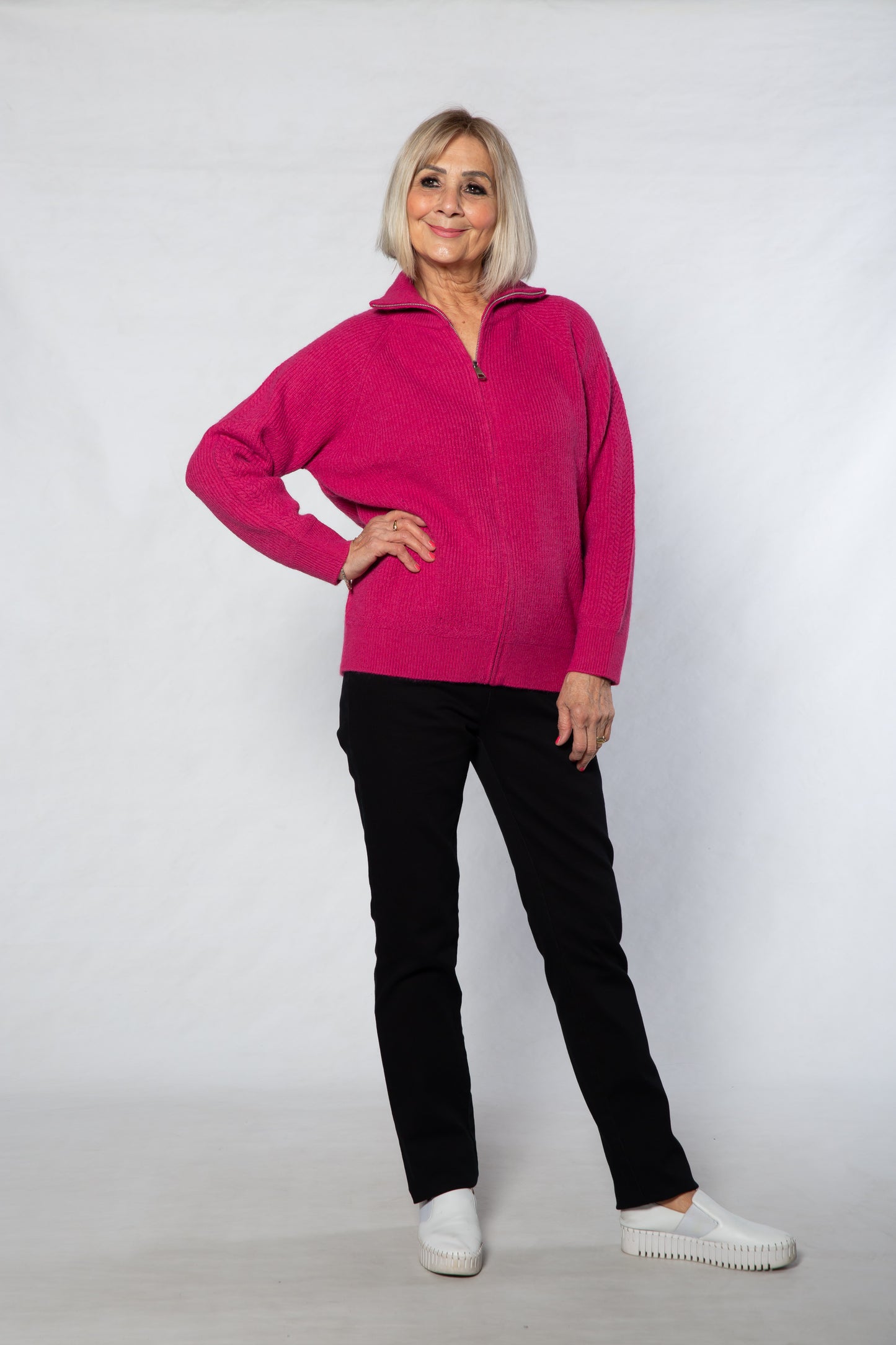 Soft Knit Ribbed Zip through Cardi with fine cable stitch on sleeves #5087 - PINK