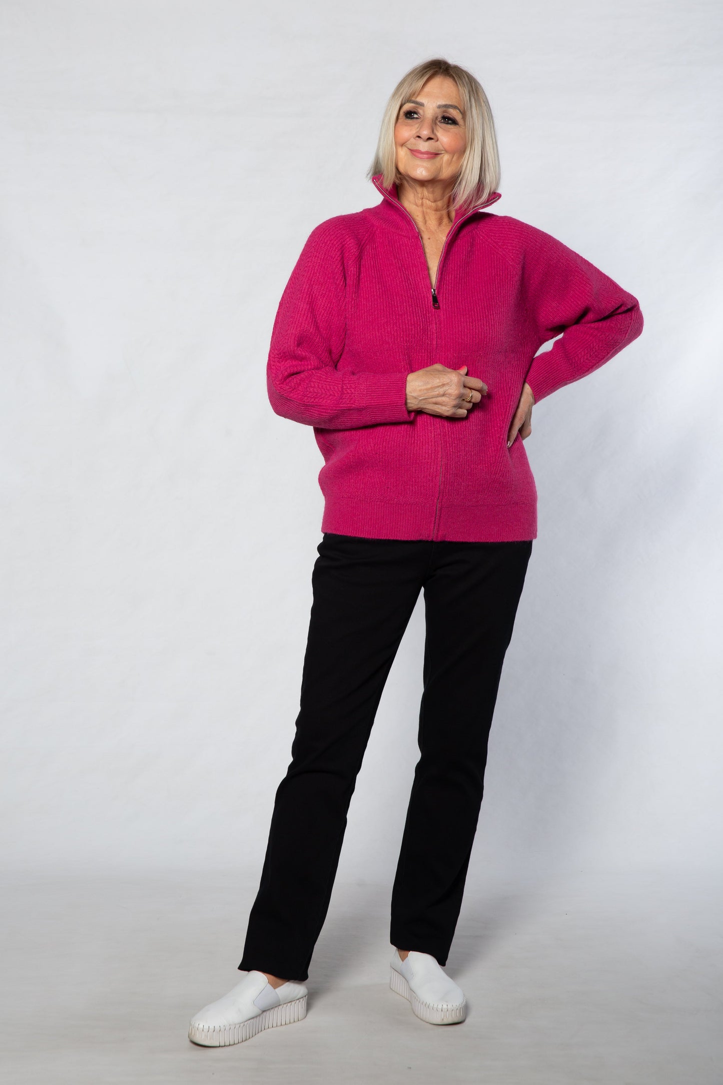 Soft Knit Ribbed Zip through Cardi with fine cable stitch on sleeves #5087 - PINK