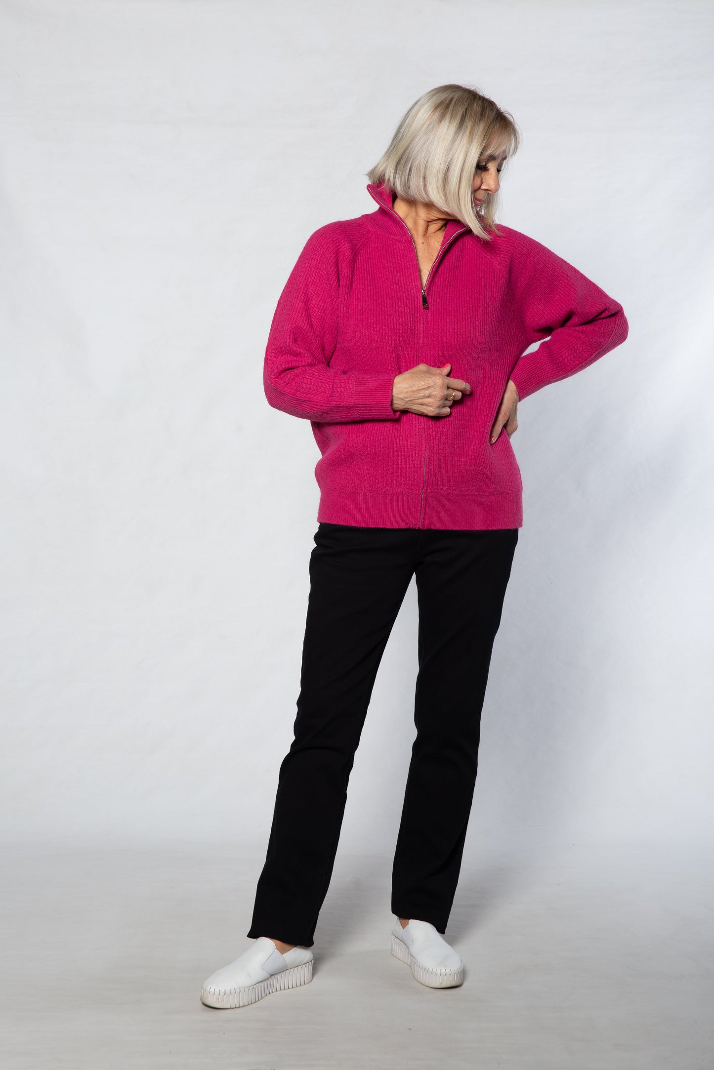 Soft Knit Ribbed Zip through Cardi with fine cable stitch on sleeves #5087 - PINK