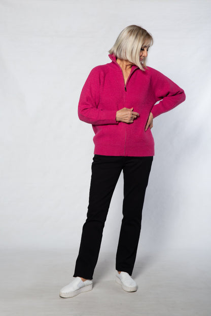 Soft Knit Ribbed Zip through Cardi with fine cable stitch on sleeves #5087 - PINK