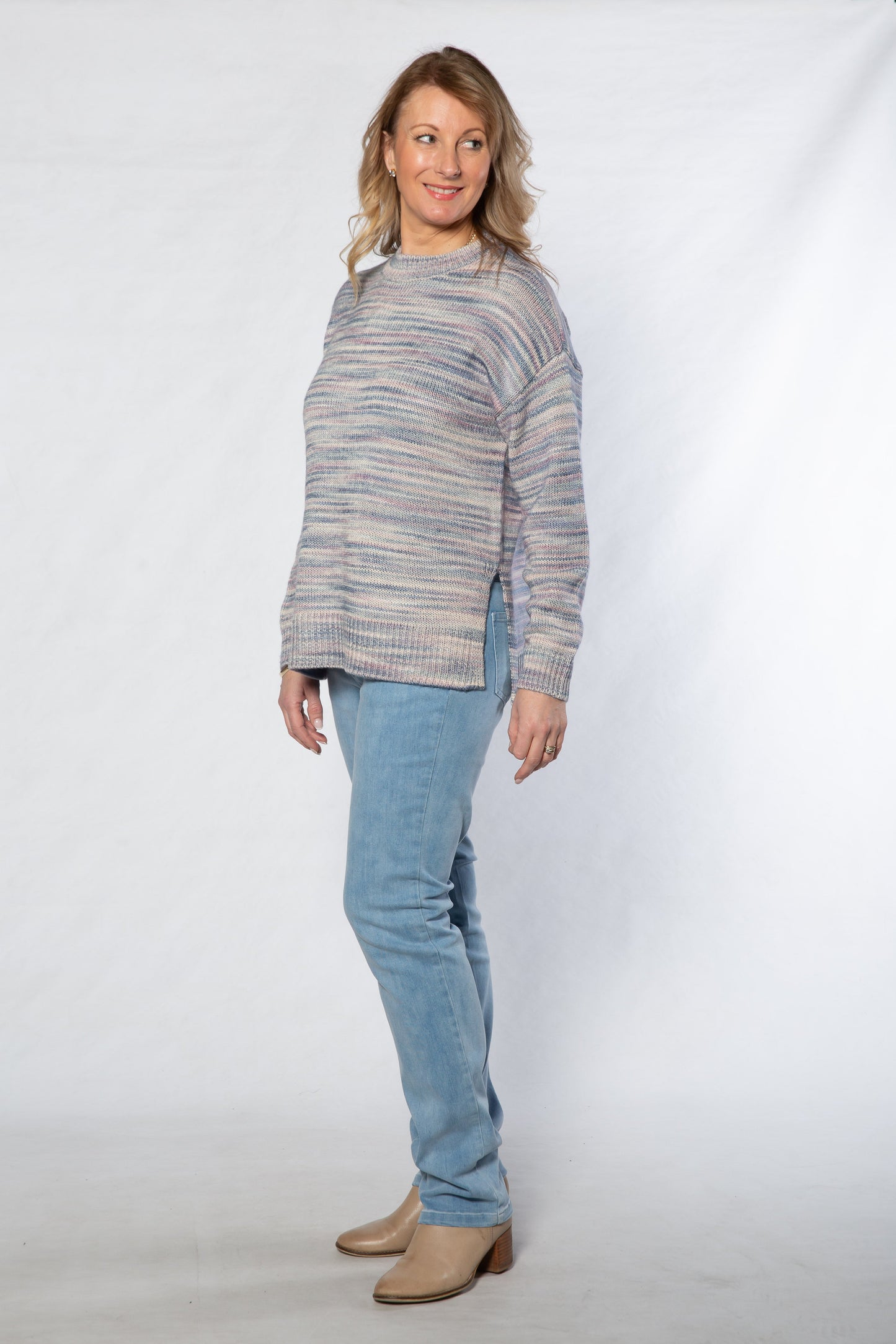 Drop shoulder space dye yarn  knit sweater #5129 - BLUE