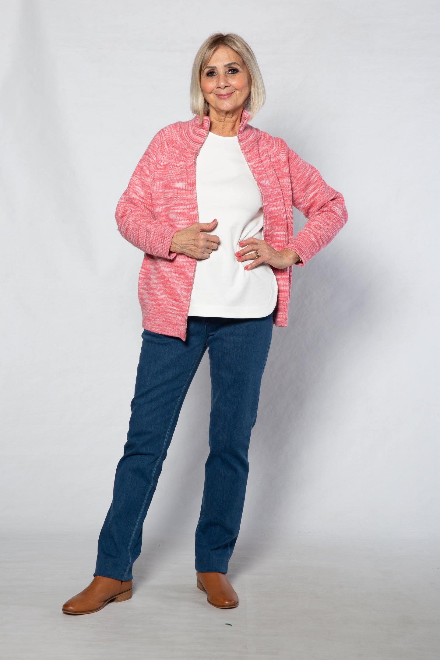 Soft Knit twist yarn ribbed Zip through Cardi with fine cable stitch on sleeves #5255 - PINK