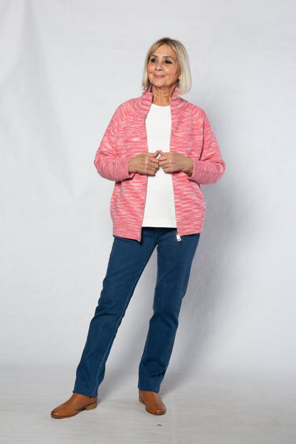 Soft Knit twist yarn ribbed Zip through Cardi with fine cable stitch on sleeves #5255 - PINK