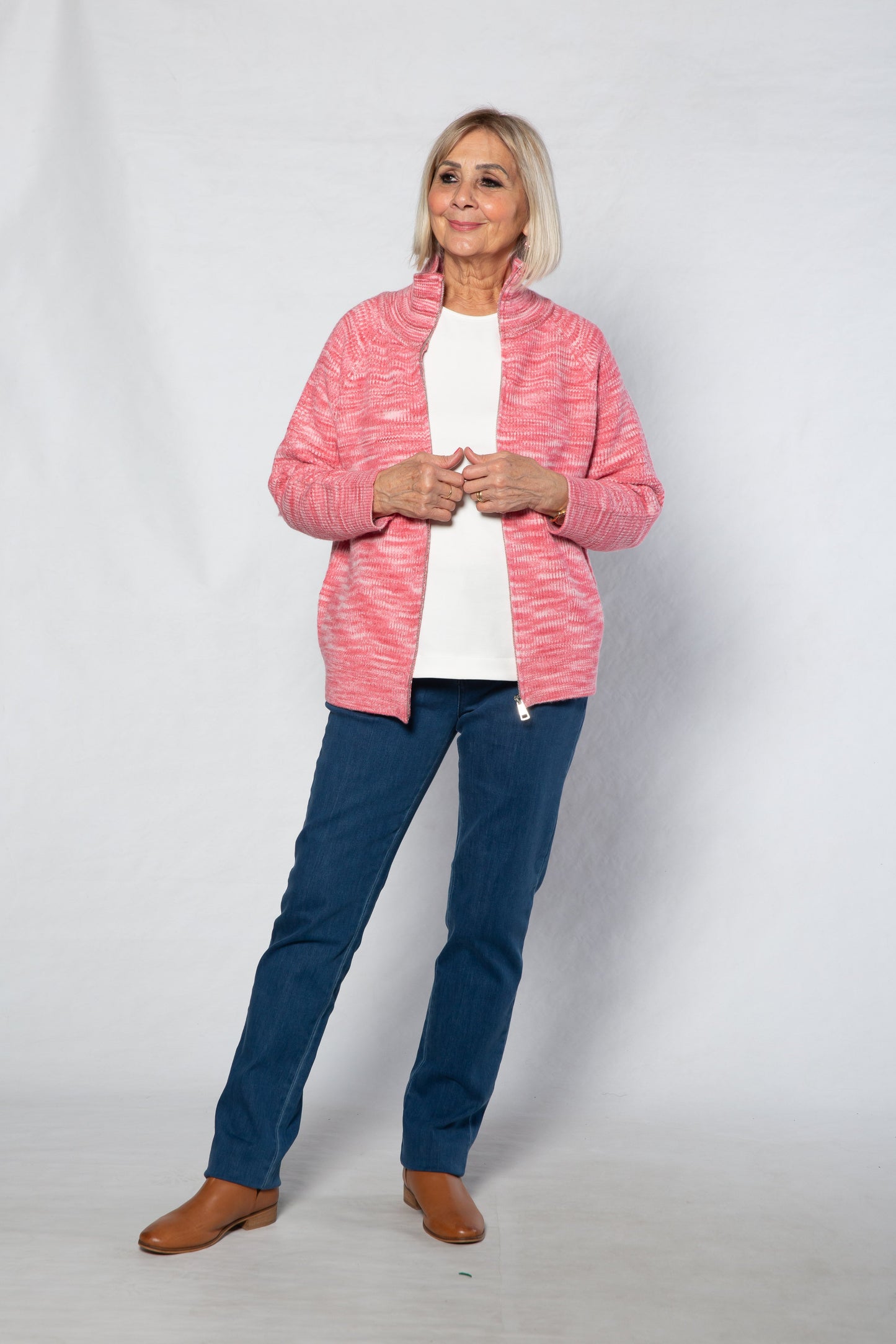 Soft Knit twist yarn ribbed Zip through Cardi with fine cable stitch on sleeves #5255 - PINK