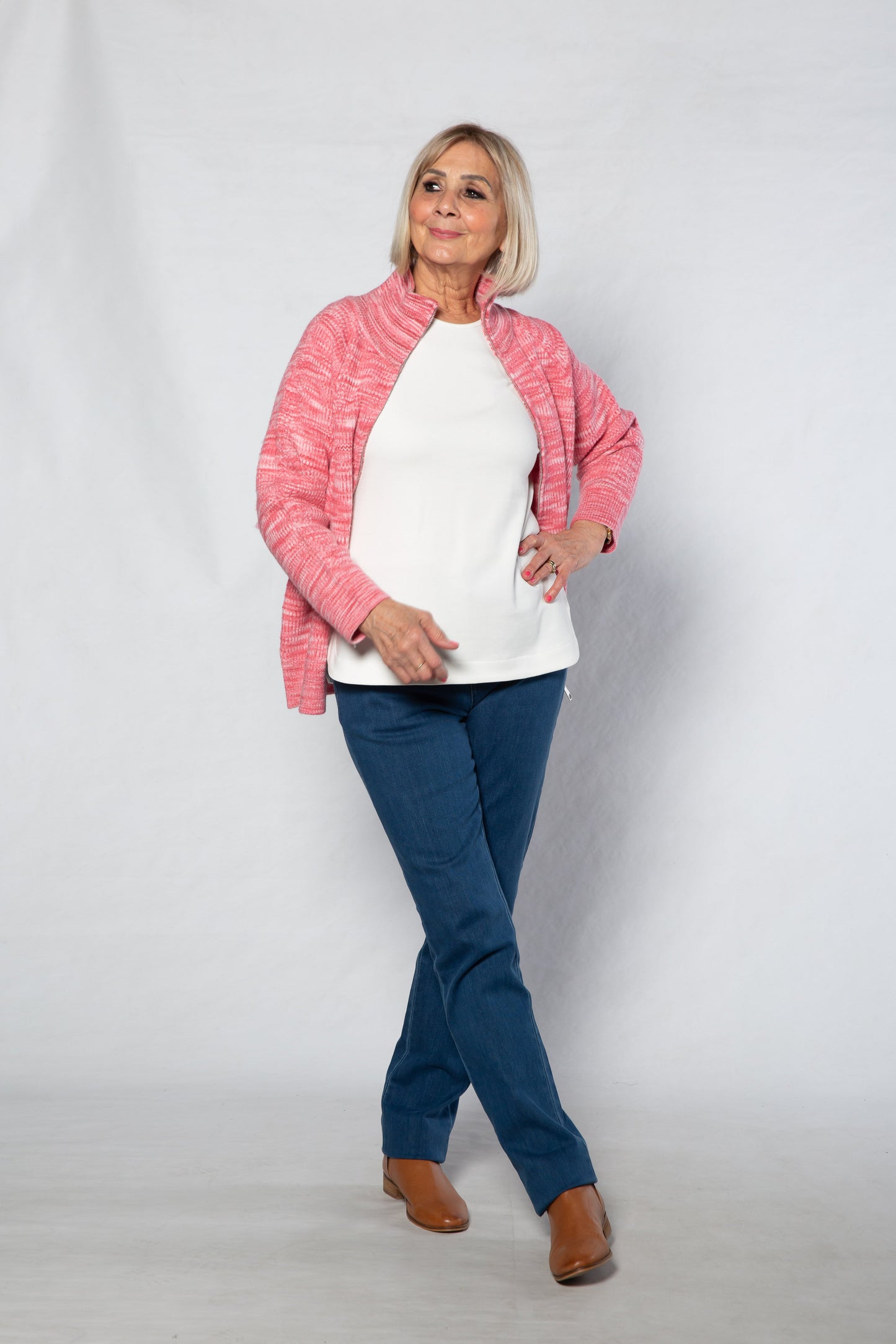 Soft Knit twist yarn ribbed Zip through Cardi with fine cable stitch on sleeves #5255 - PINK