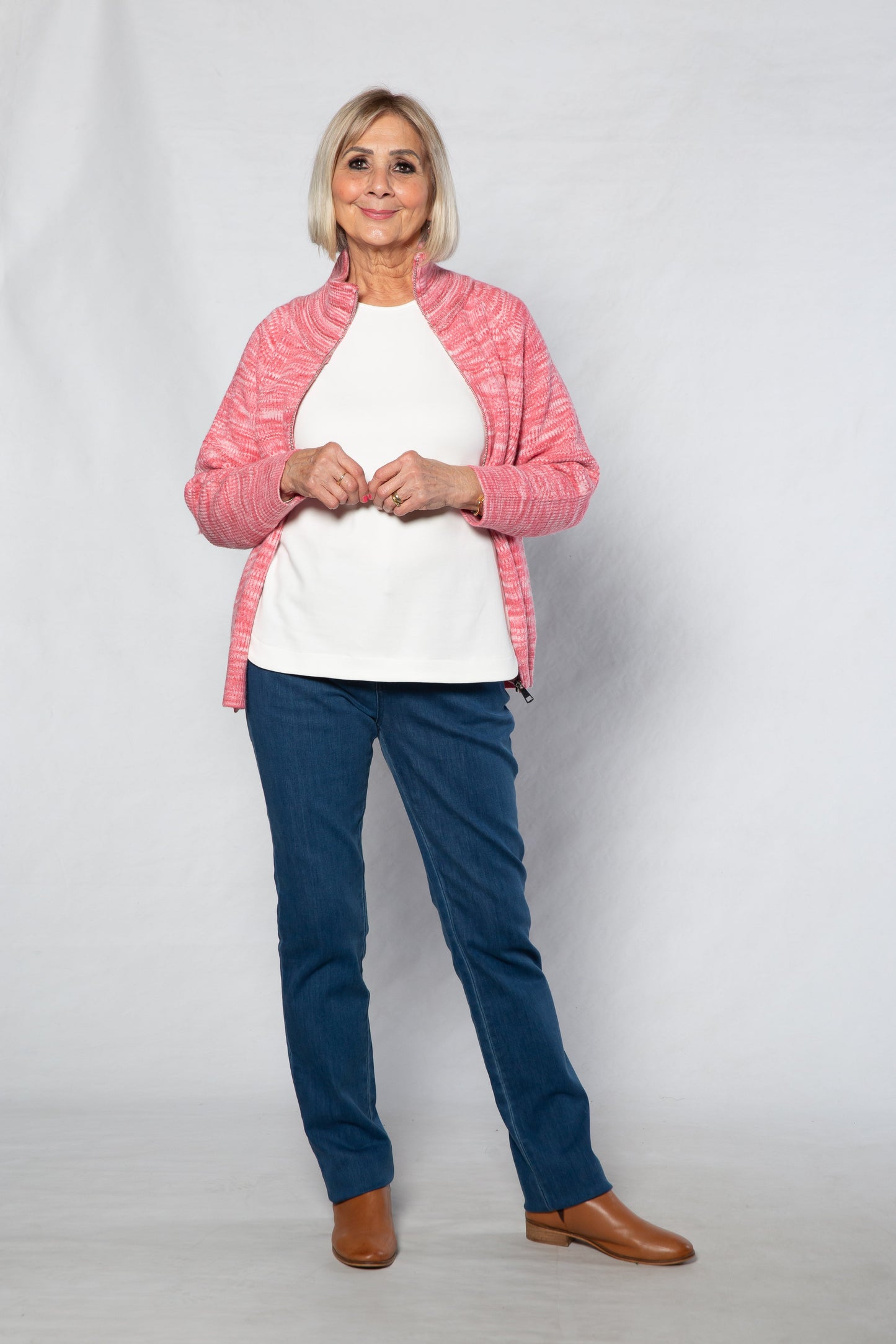 Soft Knit twist yarn ribbed Zip through Cardi with fine cable stitch on sleeves #5255 - PINK