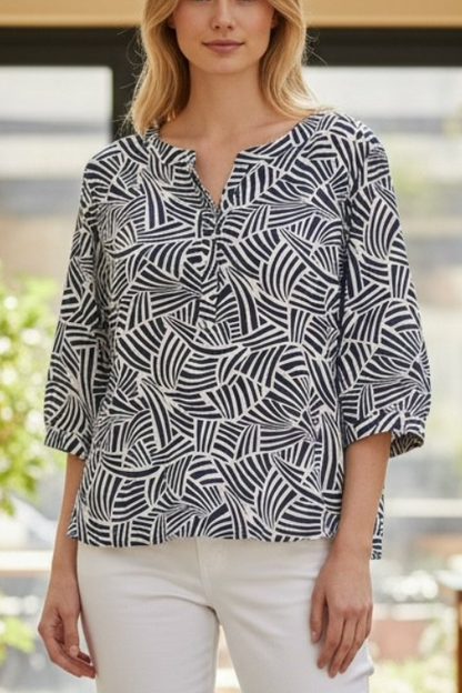 Woman wearing printed tops with product details on a grid layout.