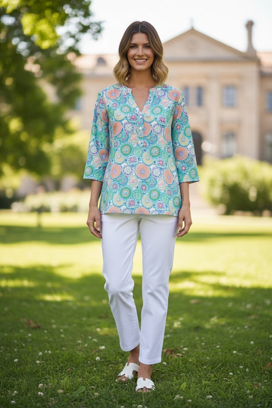 Citrus Print Henley 3/4 sleeve Top #535