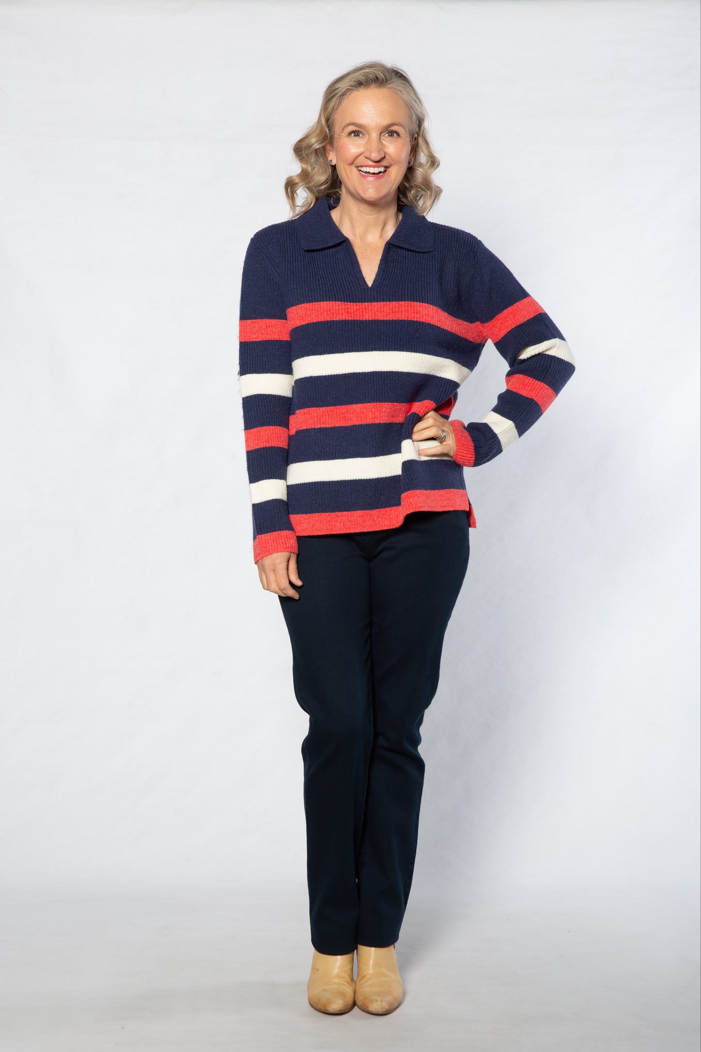 Johnny Collar ribbed v-neck stripe sweater #5368 - NAVY/PINK