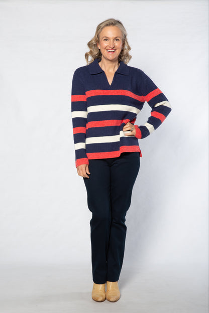 Johnny Collar ribbed v-neck stripe sweater #5368 - NAVY/PINK