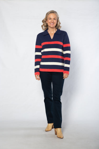 Johnny Collar ribbed v-neck stripe sweater #5368 - NAVY/PINK