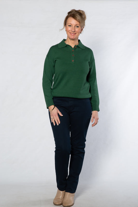 Knit sweater with collar and button neck opening 5563-GREEN