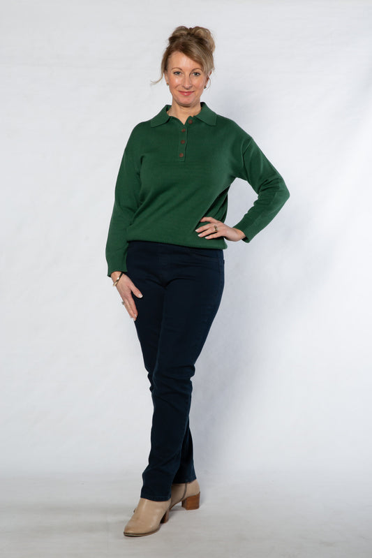 Knit sweater with collar and button neck opening 5563-GREEN