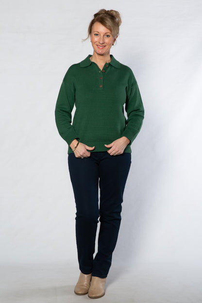 Knit sweater with collar and button neck opening 5563-GREEN