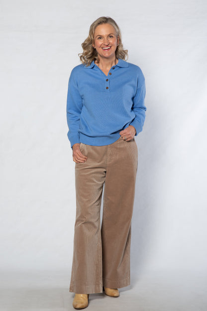 Knit sweater with collar and button neck opening 5563-BLUE