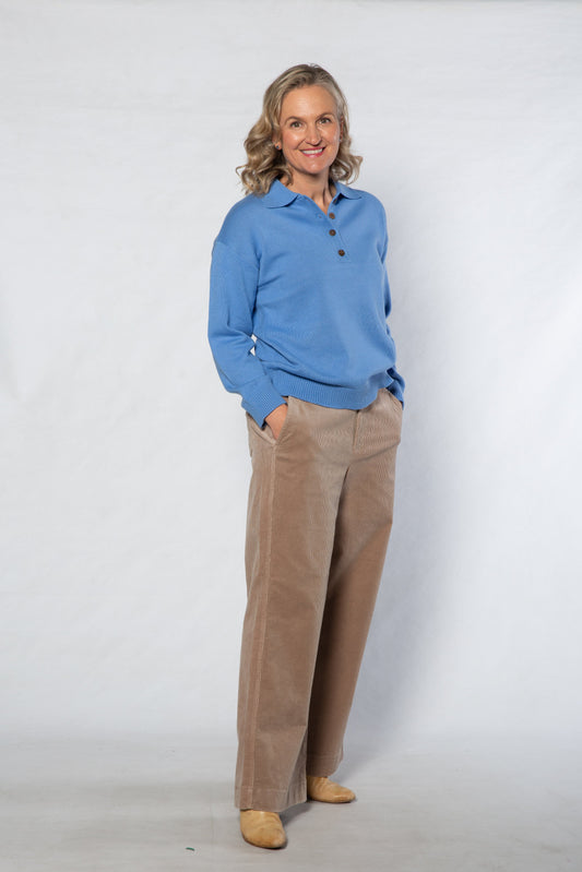 Knit sweater with collar and button neck opening 5563-BLUE