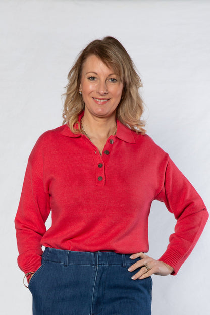 Knit sweater with collar and button neck opening 5563-PINK