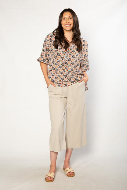 Raglan sleeve round neck print top with tie front opening 583 Red