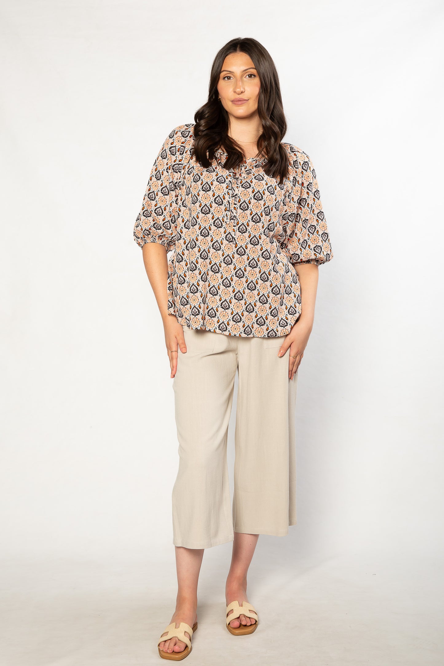 Raglan sleeve round neck print top with tie front opening 583 Red