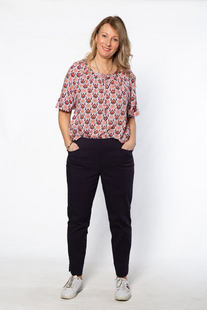Raglan sleeve round neck print top with tie front opening 583 Multi