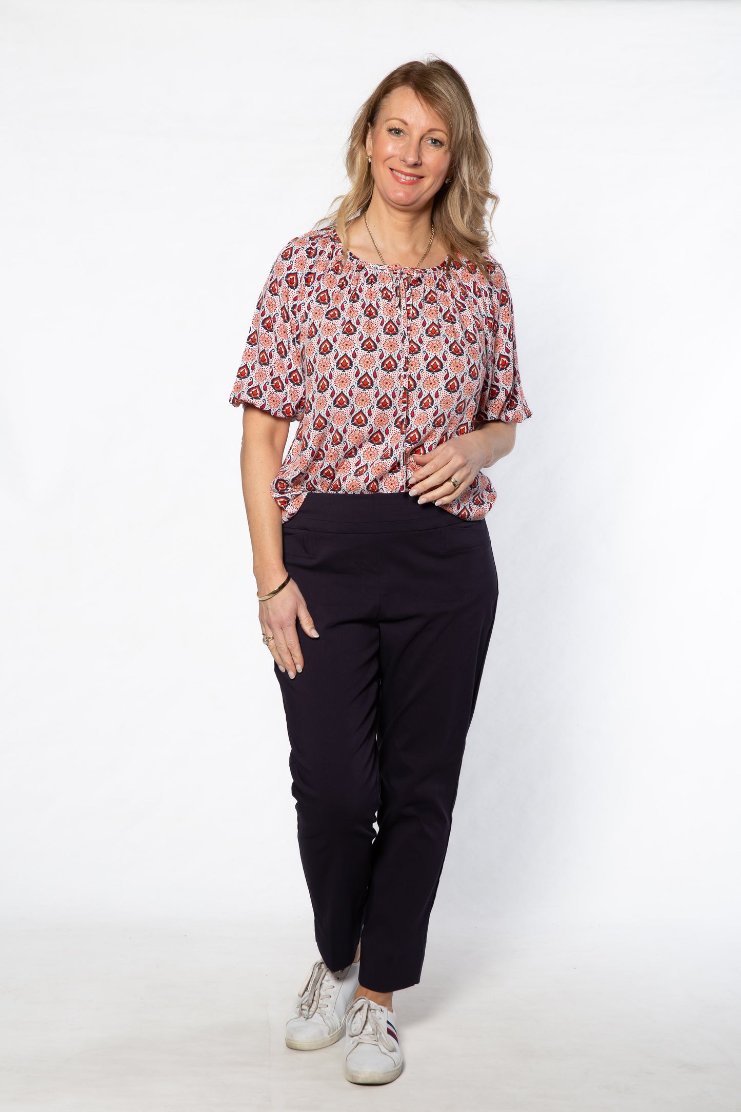 Raglan sleeve round neck print top with tie front opening 583 Multi