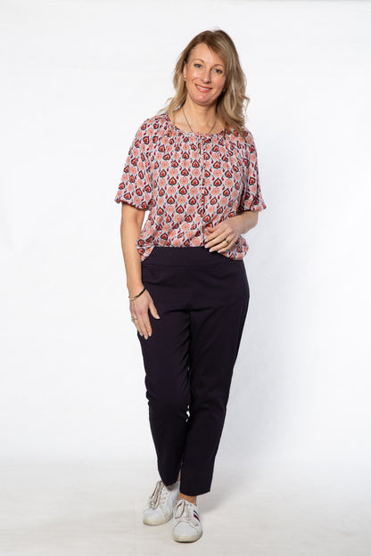 Raglan sleeve round neck print top with tie front opening 583 Multi