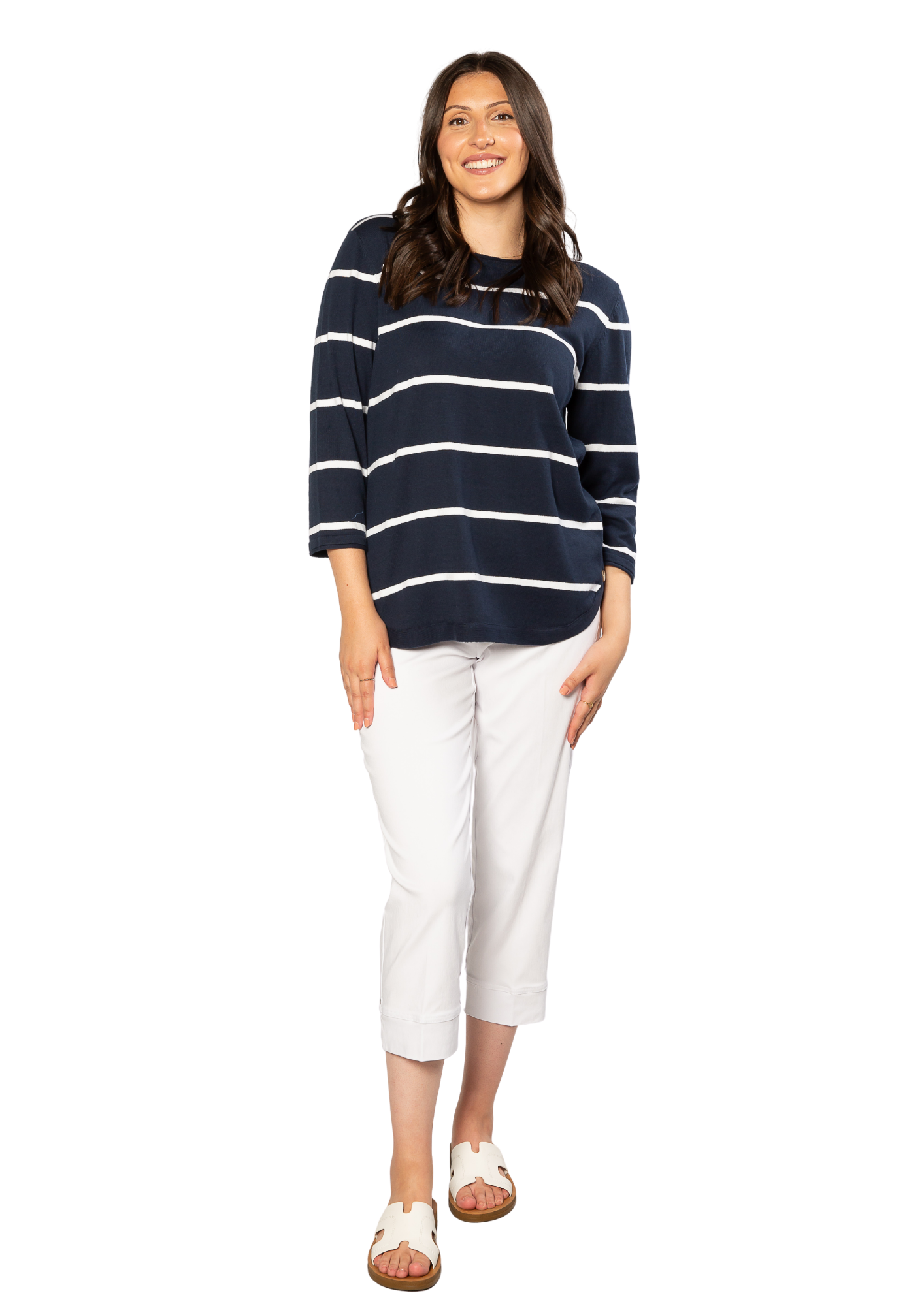 100% Cotton Stripe 3/4 Sleeve Light Weight Summer Knit #5018 - Navy