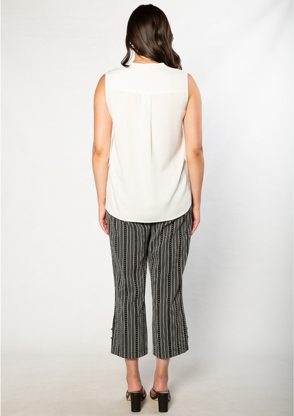 Pure cotton Drawstring Stripe Pant with Side Seam Hem Tab Detail #6535 - Black