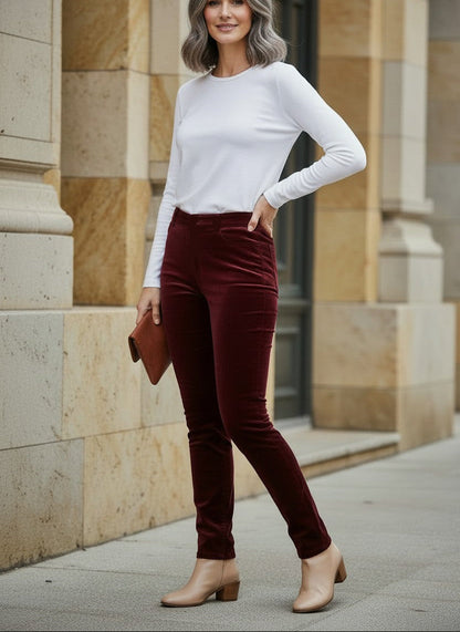 A woman with gray hair stands on a city sidewalk wearing a white long-sleeve top, burgundy velvet pants, and beige ankle boots, holding a brown clutch bag.