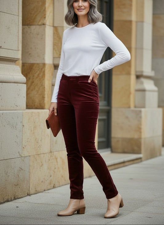 A woman with gray hair stands on a city sidewalk wearing a white long-sleeve top, burgundy velvet pants, and beige ankle boots, holding a brown clutch bag.