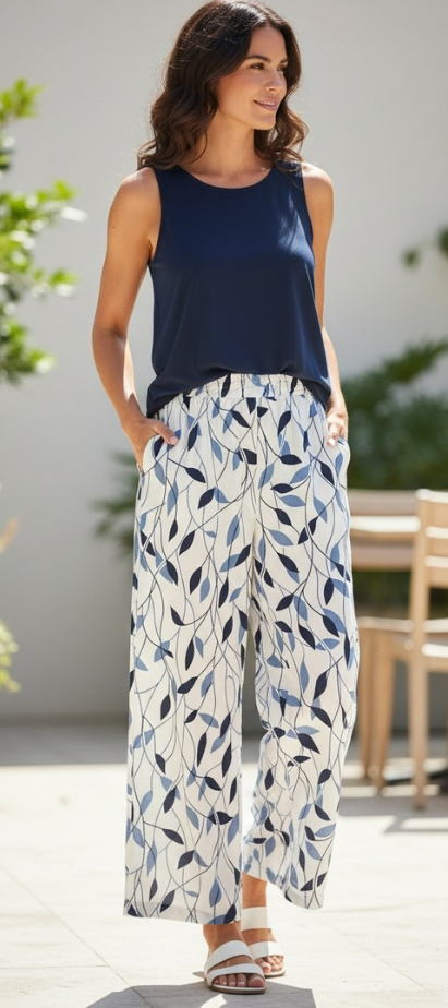 Vine Leaf Wide Leg Pants with Pockets #6348